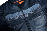 Daniel Smart Mfg. leather motorcycle jacket with reflective skulls front detail