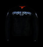 Daniel Smart Mfg. leather motorcycle jacket with reflective skulls nighttime reflective