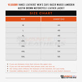 Sizing chart for brown waxed lambskin leather cafe racer motorcycle jacket