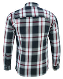 Black white and red armored motorcycle flannel back view