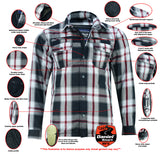 Black white and red armored motorcycle flannel features detail