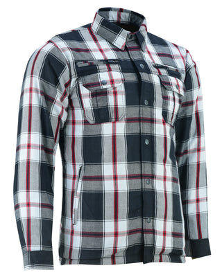 Daniel Smart Mfg. armored flannel motorcycle shirt black white and red front angle view