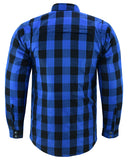 Men's blue and black armored flannel motorcycle shirt back view