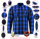 Men's blue and black armored flannel motorcycle shirt features detail