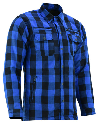 Men's blue and black armored flannel motorcycle shirt front angle view