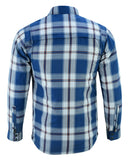Daniel Smart Mfg. armored flannel motorcycle shirt blue white and maroon back view