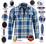 Men's blue white and maroon armored flannel motorcycle shirt features detail