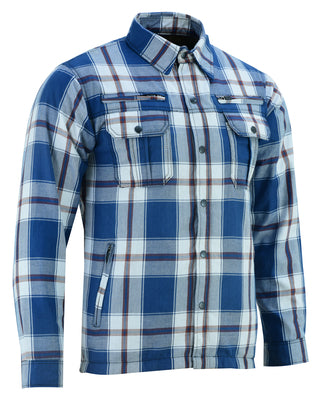 Daniel Smart Mfg. armored flannel motorcycle shirt blue white and maroon front angle view