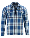 Men's blue white and maroon armored flannel motorcycle shirt front unbuttoned view