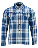 Men's blue white and maroon armored flannel motorcycle shirt front view