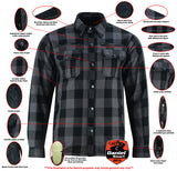 Men's gray and black armored flannel motorcycle shirt features detail