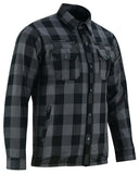 Men's gray and black armored flannel motorcycle shirt front angle view