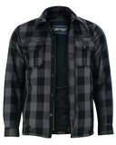 Men's gray and black armored flannel motorcycle shirt front unzipped view