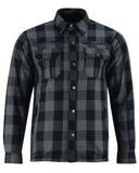 Men's gray and black armored flannel motorcycle shirt front view