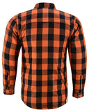 Men's orange and black armored flannel motorcycle shirt back view