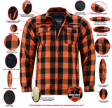 Men's orange and black armored flannel motorcycle shirt features detail