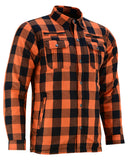 Men's orange and black armored flannel motorcycle shirt front angle