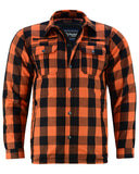 Men's orange and black armored flannel motorcycle shirt front unbuttoned view