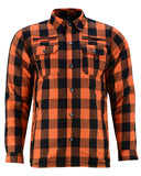 Men's orange and black armored flannel motorcycle shirt front view