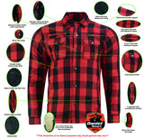 Men's red and black armored motorcycle flannel features detail