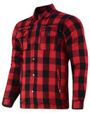 Men's red and black armored motorcycle flannel front angle view