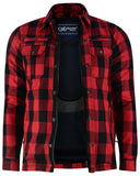 Men's red and black armored motorcycle flannel front unzipped view