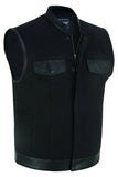 Men's canvas motorcycle vest with leather trim front angle unbuttoned