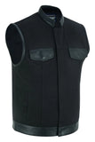 Men's canvas motorcycle vest with leather trim front angle