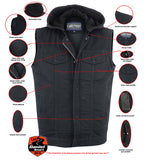 Features of Daniel Smart Mfg. black denim motorcycle vest with removable hood