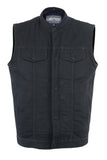 Front view of black denim motorcycle vest with hood removed