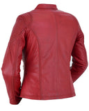 Women's cabernet red leather motorcycle jacket back angle