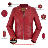 Women's cabernet red leather motorcycle jacket features detail