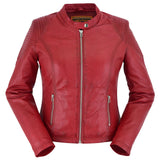 Women's cabernet red leather motorcycle jacket front