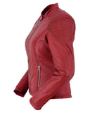 Women's cabernet red leather motorcycle jacket side