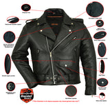 Features on classic police style leather motorcycle jacket