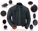 Men's black armored mesh motorcycle jacket features detail