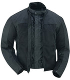 Men's black armored mesh motorcycle jacket front unzipped view