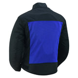 Men's blue and black armored mesh motorcycle jacket back angle view