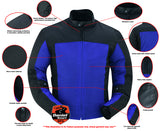 Men's blue and black armored mesh motorcycle jacket features detail