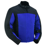 Men's blue and black armored mesh motorcycle jacket front angle view