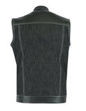 Men's dark denim and leather motorcycle vest back