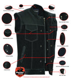 Men's dark denim and leather motorcycle vest features detail