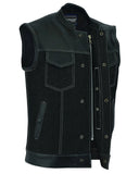 Men's dark denim and leather motorcycle vest unbuttoned