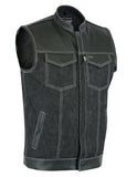 Men's dark denim and leather motorcycle vest front angle