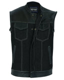 Men's dark denim and leather motorcycle vest front unbuttoned