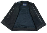 Men's dark denim and leather motorcycle vest inside liner