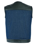 Daniel Smart Mfg. leather trimmed blue denim motorcycle vest back view