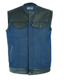 Daniel Smart Mfg. leather trimmed blue denim motorcycle vest front view