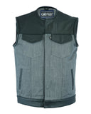 Daniel Smart Mfg. perforated leather and gray denim motorcycle vest front view