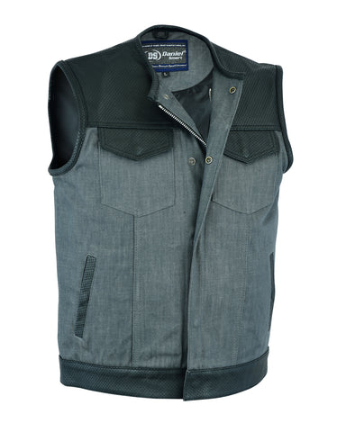 Daniel Smart Mfg. perforated leather and gray denim motorcycle vest front angle view